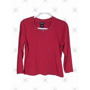 Rafaella Red Embellished Round Neck Cotton Stretch Top Sz Lg